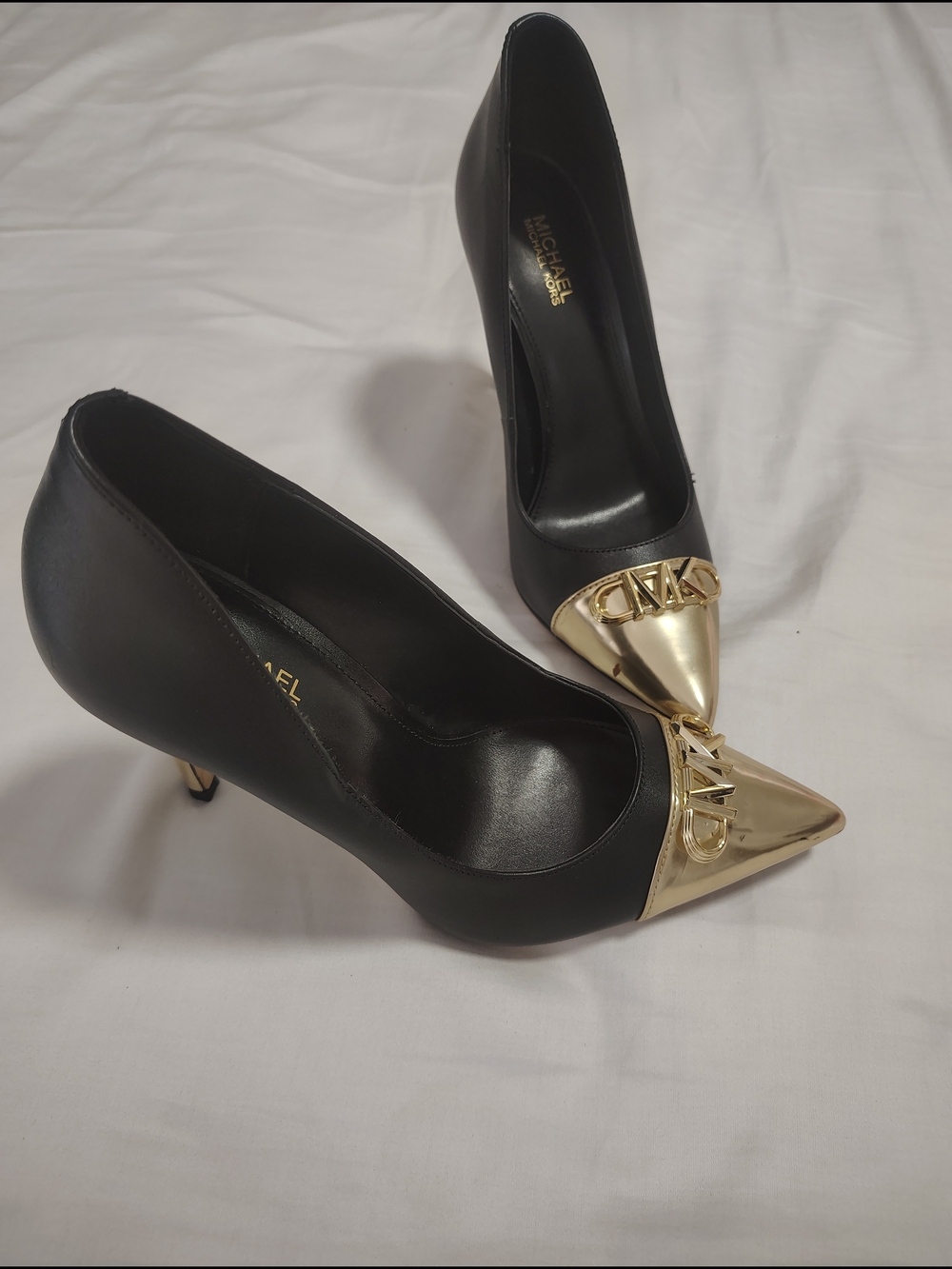 Michael Kors Black Leather Pointed Toe Pumps with Gold Caps - Picture 3 of 15